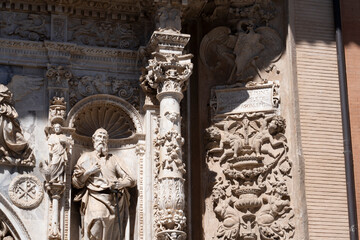 Intricate stone carvings on a church facade.. Collegiate Church of Santa María la Mayor, in Calatayud, Spain