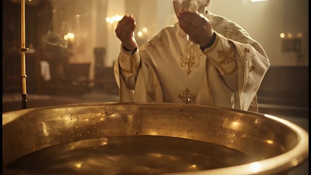 Priest Performing Religious Ceremony with Water in a Golden Bowl.