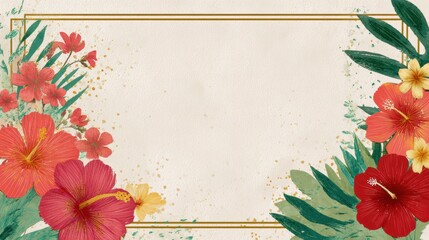 Floral Paradise: A visually pleasing composition of vibrant blossoms and foliage, framing a blank canvas, invites personalized content, conveying freshness, positivity, and a touch of tropical allure.