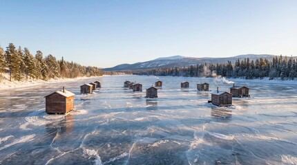 Aerial view of ice fishing huts on a frozen lake surrounded by snow-covered trees and mountains under a clear blue sky.