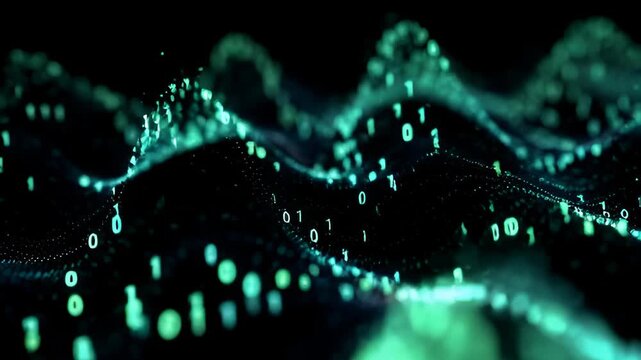 Digital data flow across abstract network background featuring binary code and glowing particles