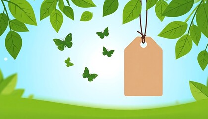 A sunny nature scene with green leaves, butterflies, and a blank tag hanging on a string against a bright blue sky