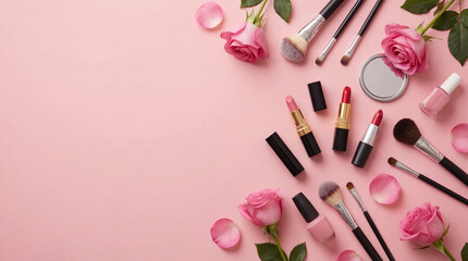 makeup products and pink roses arranged on pastel background. brushes, lipstick and flowers top view. spring beauty concept. banner, greeting card with copyspace.