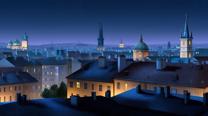 Obraz premium Nighttime Cityscape with Towering Spires and Glowing Windows in a Colorful Urban Environment