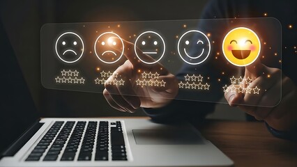 A person interacting with a digital interface displaying various emoticon faces on a laptop computer in a dark room with a range of emotions from sad to happy