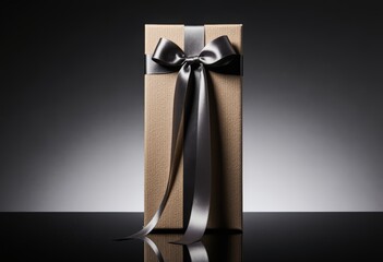 Elegant gift box with black ribbon against dark background