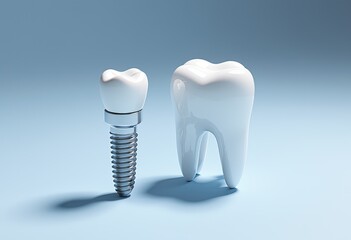 Dental implant and healthy tooth on blue background