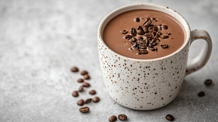 Creamy chocolate coffee drink in a speckled mug topped with coffee beans on a light background with copy space.