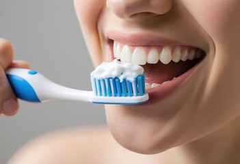 Caucasian female brushing teeth with blue toothbrush and toothpaste close-up