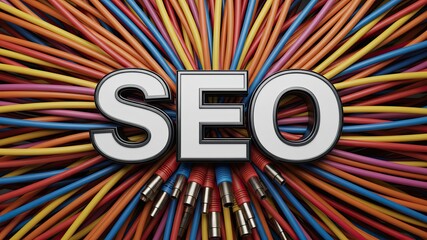 SEO in the Digital Web: a stylized graphic with SEO taking center stage, symbolizing search engine optimization's central role, surrounded by a vibrant network of interconnected wires.