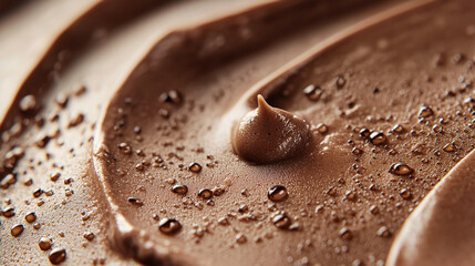 Close-up of smooth chocolate cream texture with glossy droplets, abstract food background with copy space.
