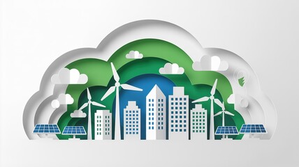 Sustainable city skyline with renewable energy sources and green spaces