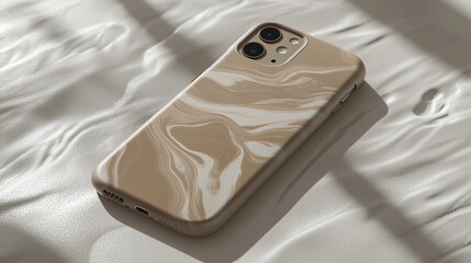 Stylish smartphone case with beige marble pattern on soft fabric, modern lifestyle product with copy space.