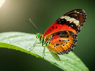 Vibrant butterfly resting on dewy leaf