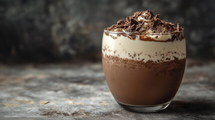 Layered chocolate and cream dessert in a glass topped with grated chocolate, styled as an elegant gourmet sweet.