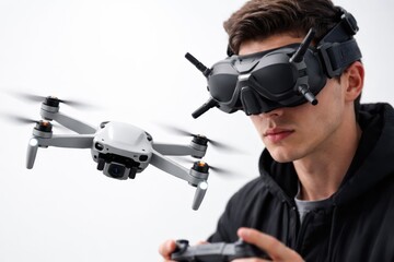 FPV Drone Pilot Controlling Aerial Quadcopter In Studio.
Side view of a drone pilot wearing FPV goggles and operating a quadcopter in flight, showcasing immersive control.