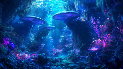 Bioluminescent underwater fantasy forest with glowing mushroom shapes and vibrant coral creating a magical ocean world.