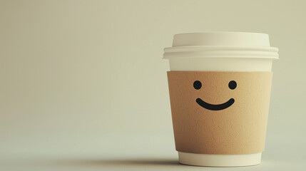 Minimalist paper coffee cup with a smiling face on a neutral background, creating a cheerful and friendly design concept.
