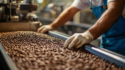 Worker inspecting freshly roasted coffee beans on a production line in a modern coffee roasting facility.