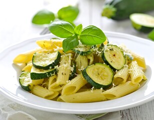 Penne pasta with zucchini slices and basil sprigs on white plate