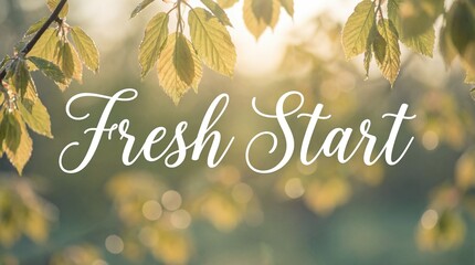 inspirational quote fresh start written in white script font. green leaves and sun rays in nature. spring renewal and motivation concept. banner, website header.