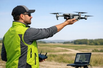 Drone Based Spatial Monitoring And Field Survey Operation.
Field technician launches a drone for spatial monitoring and mapping in an open landscape.