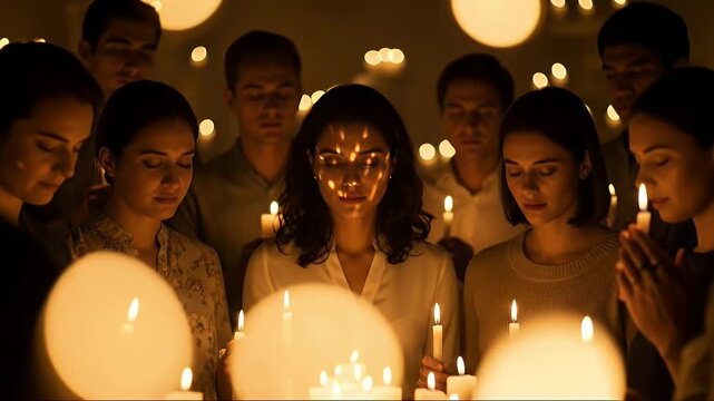 Group of People Holding Candles in a Dark Room, Spiritual Gathering.