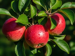 Ripe apples glistening with dew