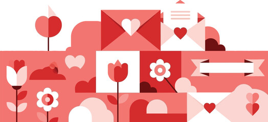 A charming illustration of love letters hearts and flowers in shades of red