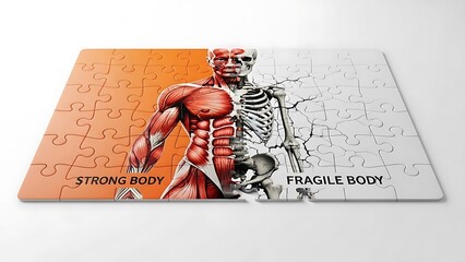 Human body strength and fragility concept depicted on a puzzle with muscular and skeletal halves.