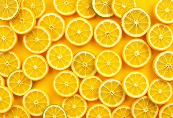 Obraz premium Vibrant yellow background filled with juicy lemon slices forming a continuous pattern, sun, seamless