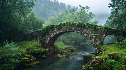 Ancient stone bridge over river, lush greenery, rainy atmosphere.