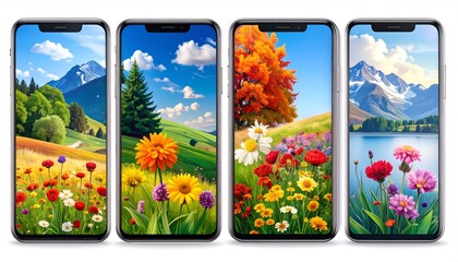 Four seasons nature wallpapers for smartphones with flowers and landscapes.