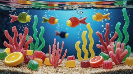 Playful gummy candies arranged like a vibrant underwater coral reef with candy fish swimming