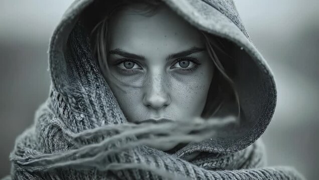 Pensive portrait of a beautiful young woman wrapped in a warm knitted shawl