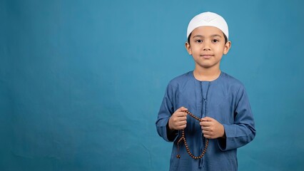 Young Devotee in Prayer: A young boy, adorned in traditional attire, stands with a serene expression, holding prayer beads in his hands. A spiritual portrait.