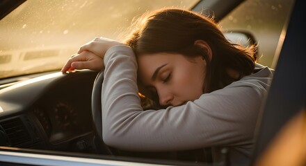 Tired Woman Sleeping in Car.