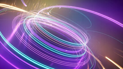 Neon glowing swirling light trails abstract futuristic motion background with purple blue and cyan circular lines energy wave effect high resolution digital wallpaper for design and technology