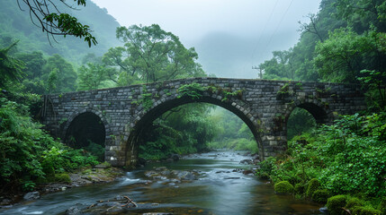 Ancient stone bridge over river, lush greenery, rainy atmosphere.
