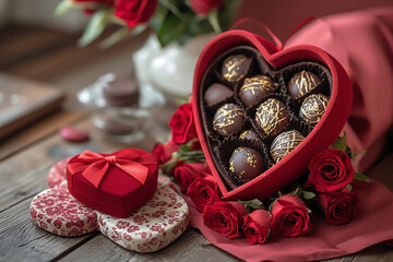A red heart-shaped box of sweet chocolates paired with a gift and red rose flowers decoration for a precious a beautiful celebration or Valentine's love moments 