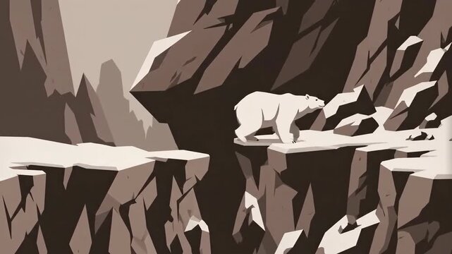 Polar Bear Animated Sequence Across Snowy Cliffs In A Flat Design Landscape