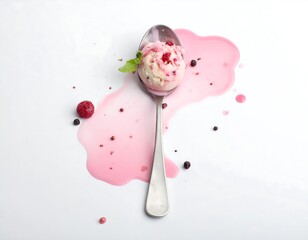 A scoop of ice cream on a spoon rests in a pool of pink sauce with scattered berries and peppercorns on a white surface