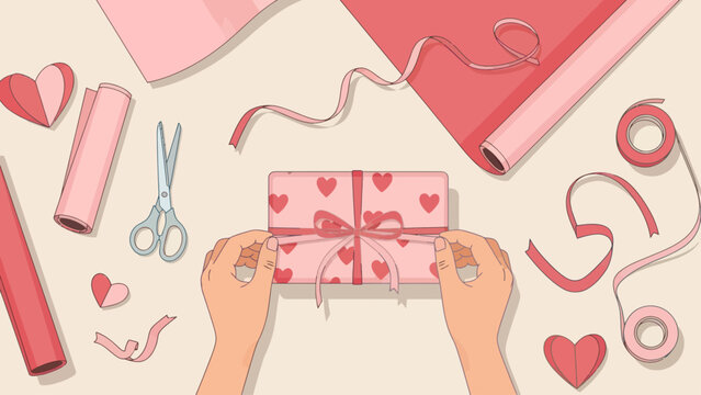 Hands tying a ribbon around a heart-patterned gift box on a table with wrapping supplies.