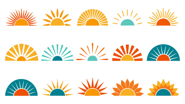 Set of colorful sunrises and sunsets isolated on transparent background a vector illustration of half sun shapes