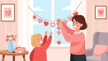 Mother and daughter decorating the room with a heart garland for Valentine's Day