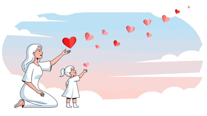 Mother and child sharing a moment of love with floating hearts in a peaceful sky.