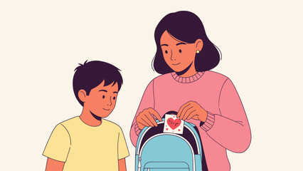Mother puts "I love you" card into son's backpack, a loving gesture.