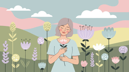 Woman embracing nature and tranquility in a stylized flower garden.