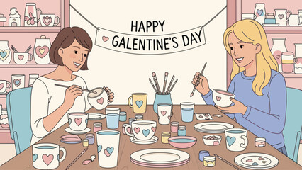 Two happy women friends celebrating Galentine's Day by painting pottery together.
