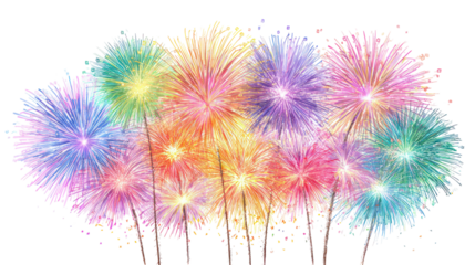 Colorful fireworks display on transparent background